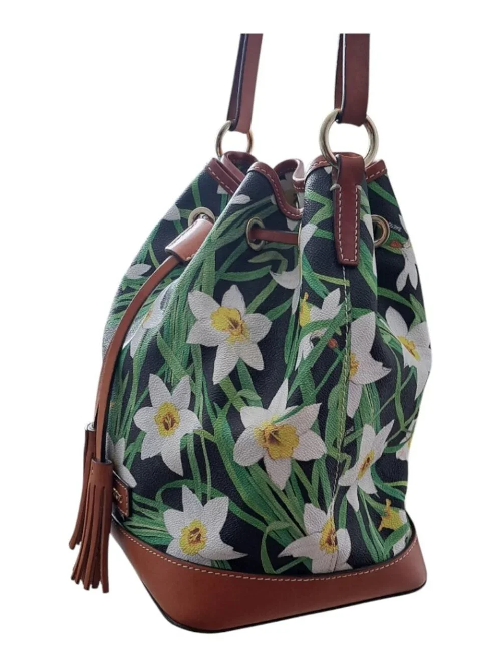 Dooney & Bourke Daffodil Tassel Drawstring Bucket Bag Purse Floral Leather Trim